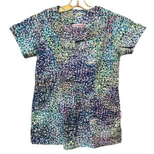 Scrub Works Scrub Top Women XS Multi Color Floral Short Sleeve Med Dental Vet